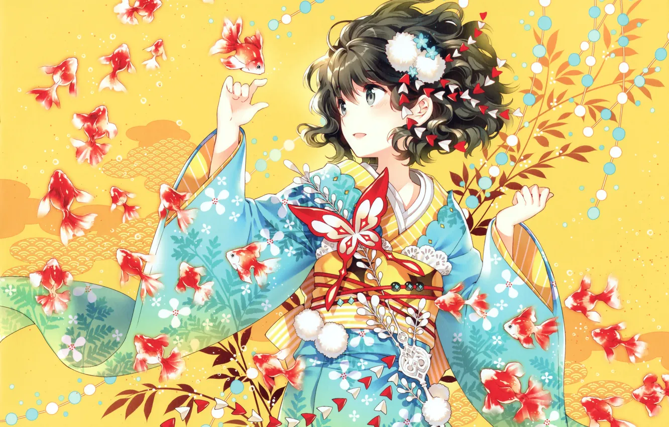 Photo wallpaper girl, fish, butterfly, anime, art, kimono, nardack