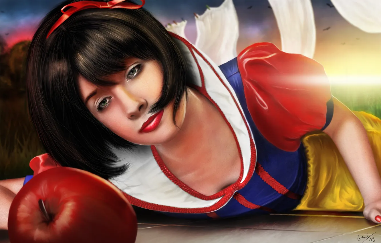Photo wallpaper girl, apples, dress, art, tape, poison, Snow white