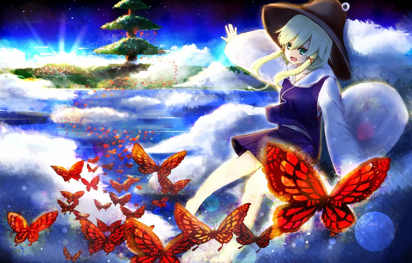 Photo wallpaper girl, clouds, trees, flight, joy, magic, butterfly, touhou