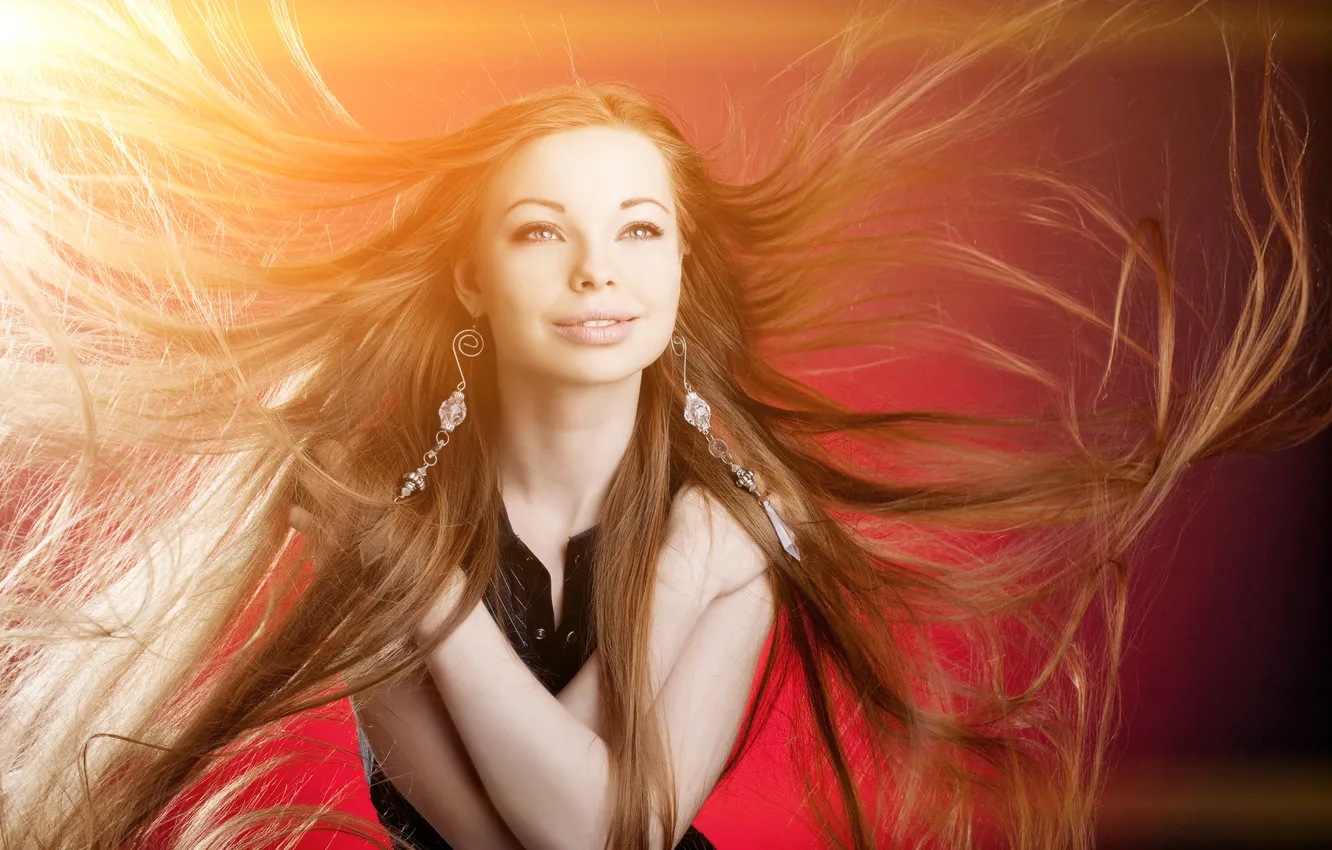 Photo wallpaper girl, earrings, dress, girl, long hair, dress, earrings, long hair