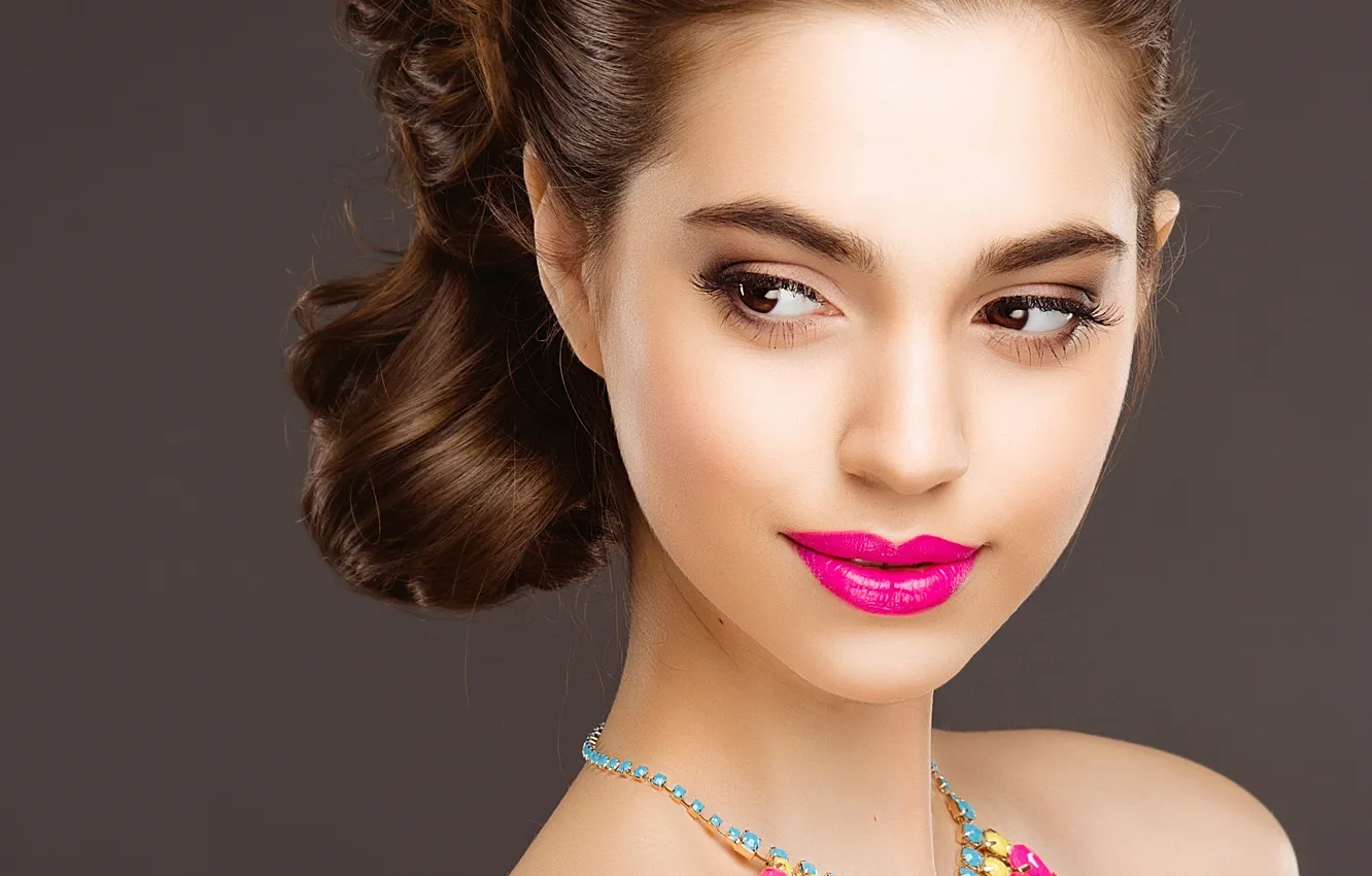 Photo wallpaper face, background, model, makeup, lipstick, hairstyle, decoration, neck