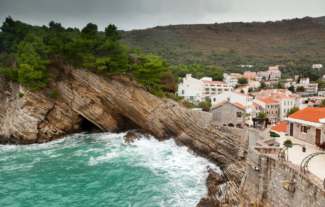Photo wallpaper sea, trees, rocks, shore, home, Montenegro, Petrovac na Moru, Petrovac