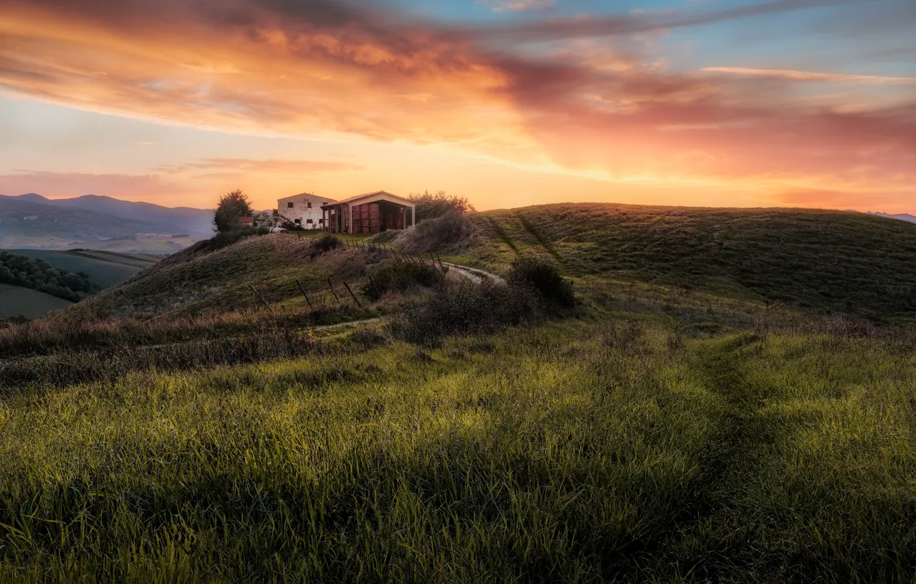 Photo wallpaper road, field, hills, home, farm