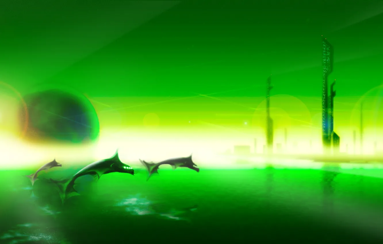 Photo wallpaper water, landscape, sunset, the city, green, fiction, the ocean, planet