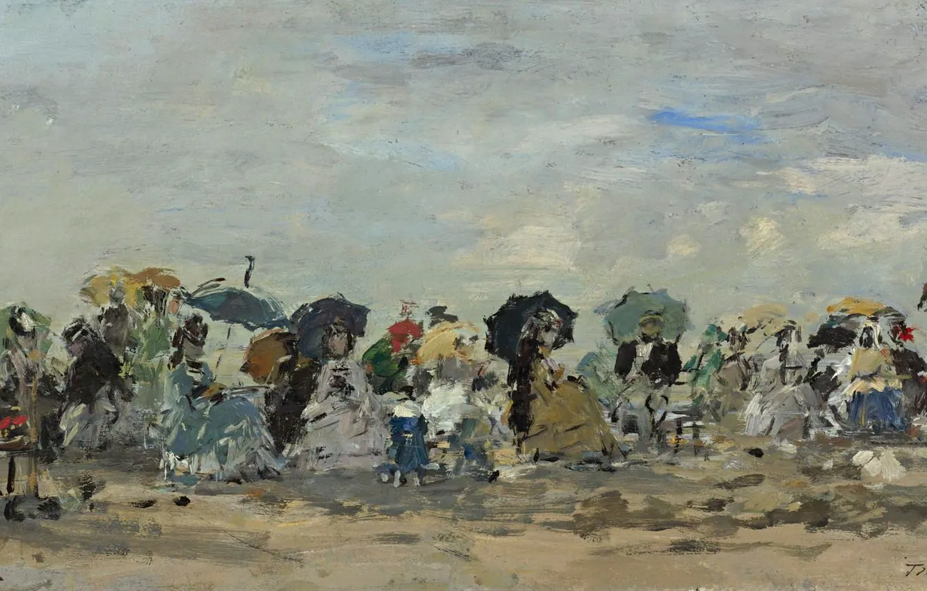Photo wallpaper umbrella, people, stay, picture, Eugene Boudin, On the beach in Trouville