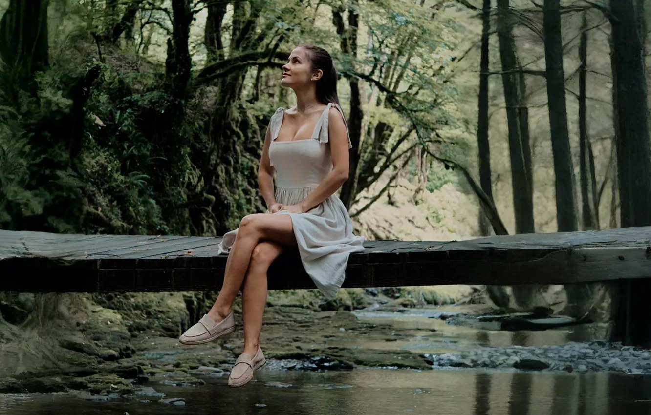 Photo wallpaper girl, forest, Russia, river, legs, photography, nature, woman