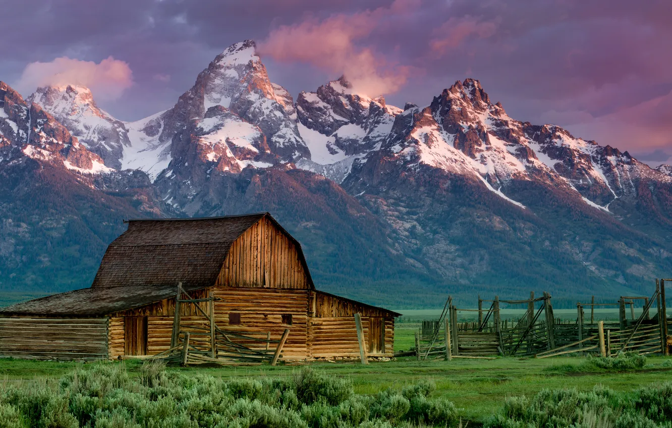 Photo wallpaper field, snow, mountains, tops, slope, house, fence
