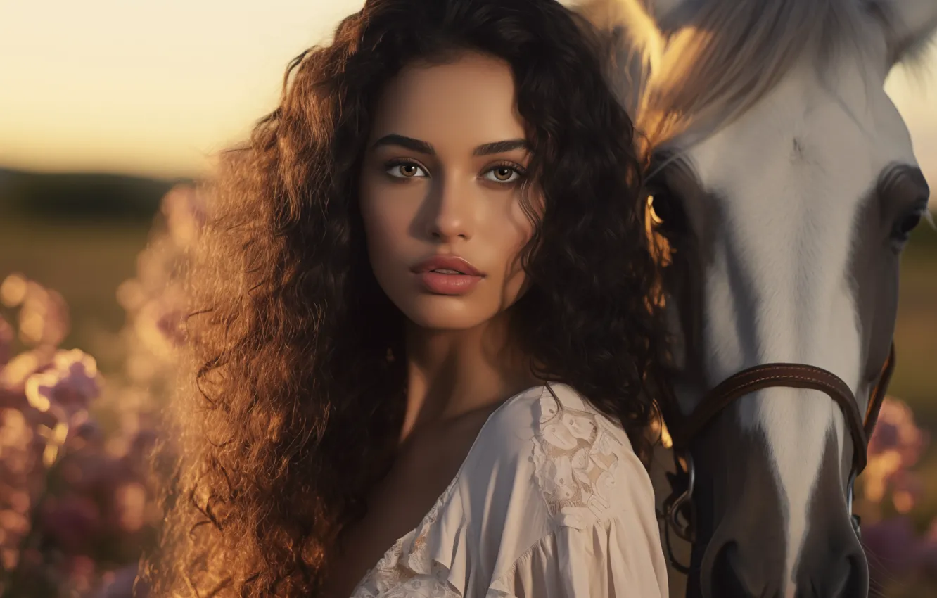 Photo wallpaper field, summer, the sky, look, girl, light, flowers, each