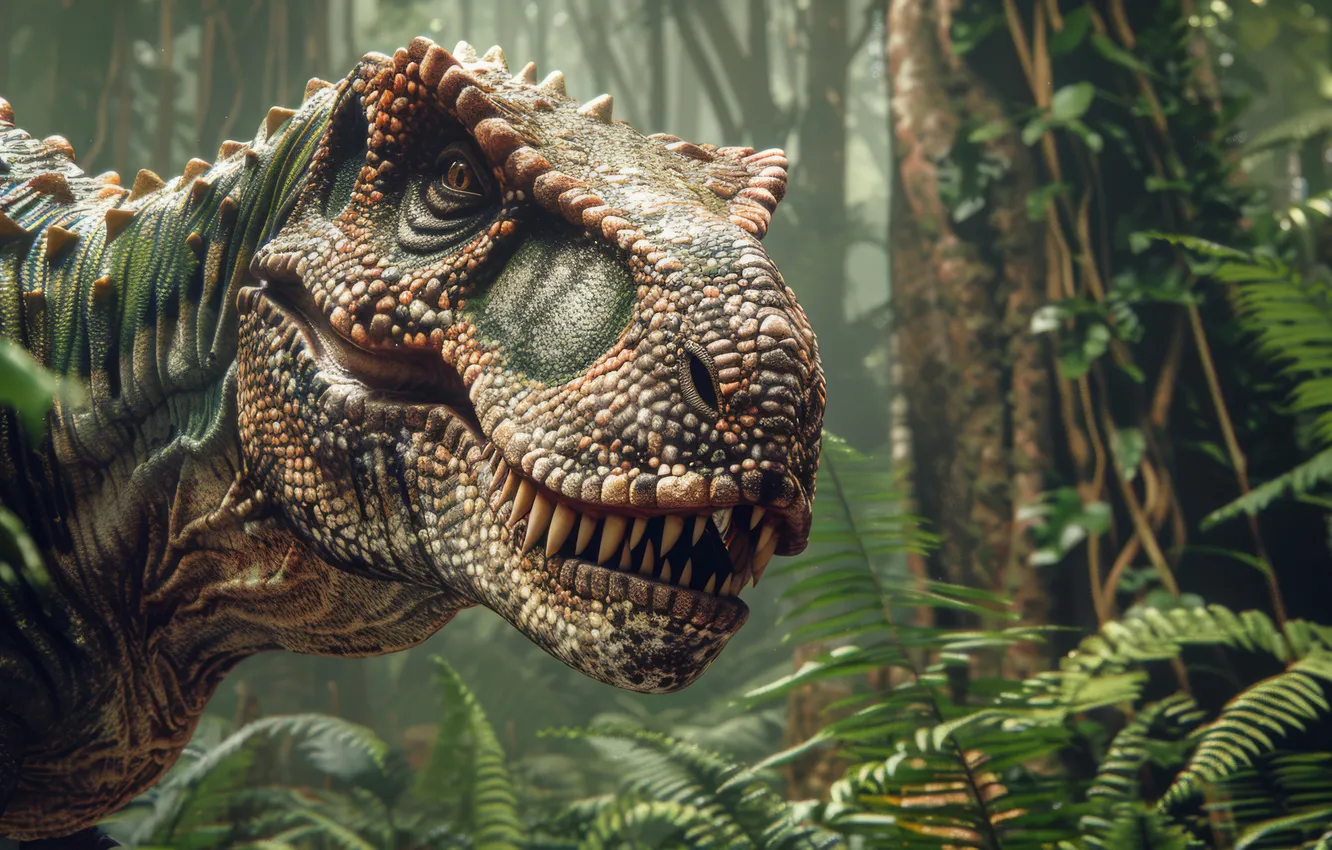 Photo wallpaper face, animal, dinosaur, predator, teeth, jungle, closeup, Tyrannosaurus