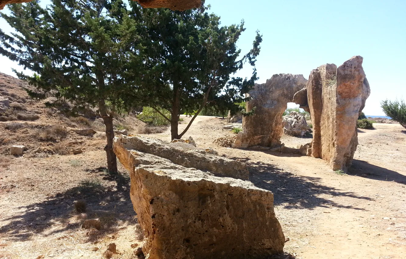 Photo wallpaper the sun, trees, ruins, Cyprus, Cyprus, Paphos, Tombs Of The Kings