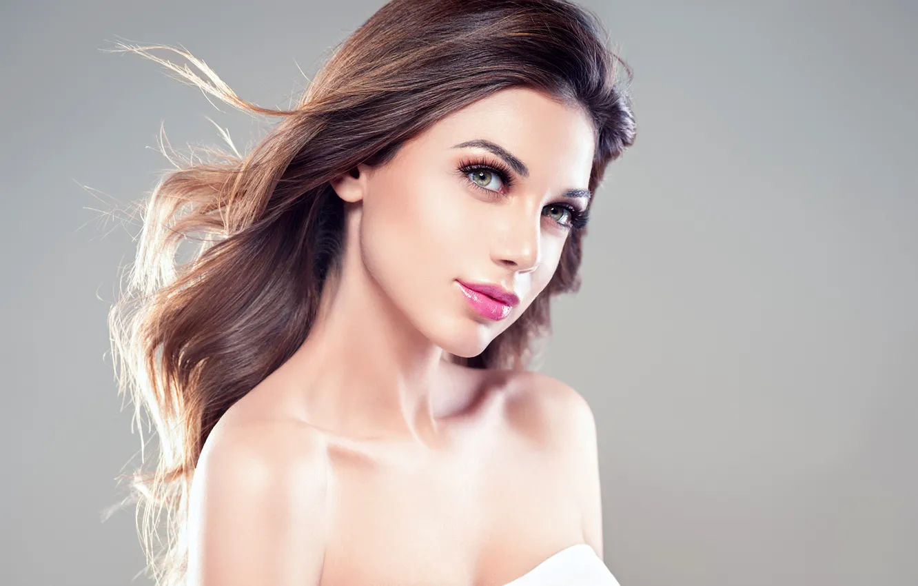 Photo wallpaper look, background, portrait, makeup, hairstyle, brown hair, beauty, in white