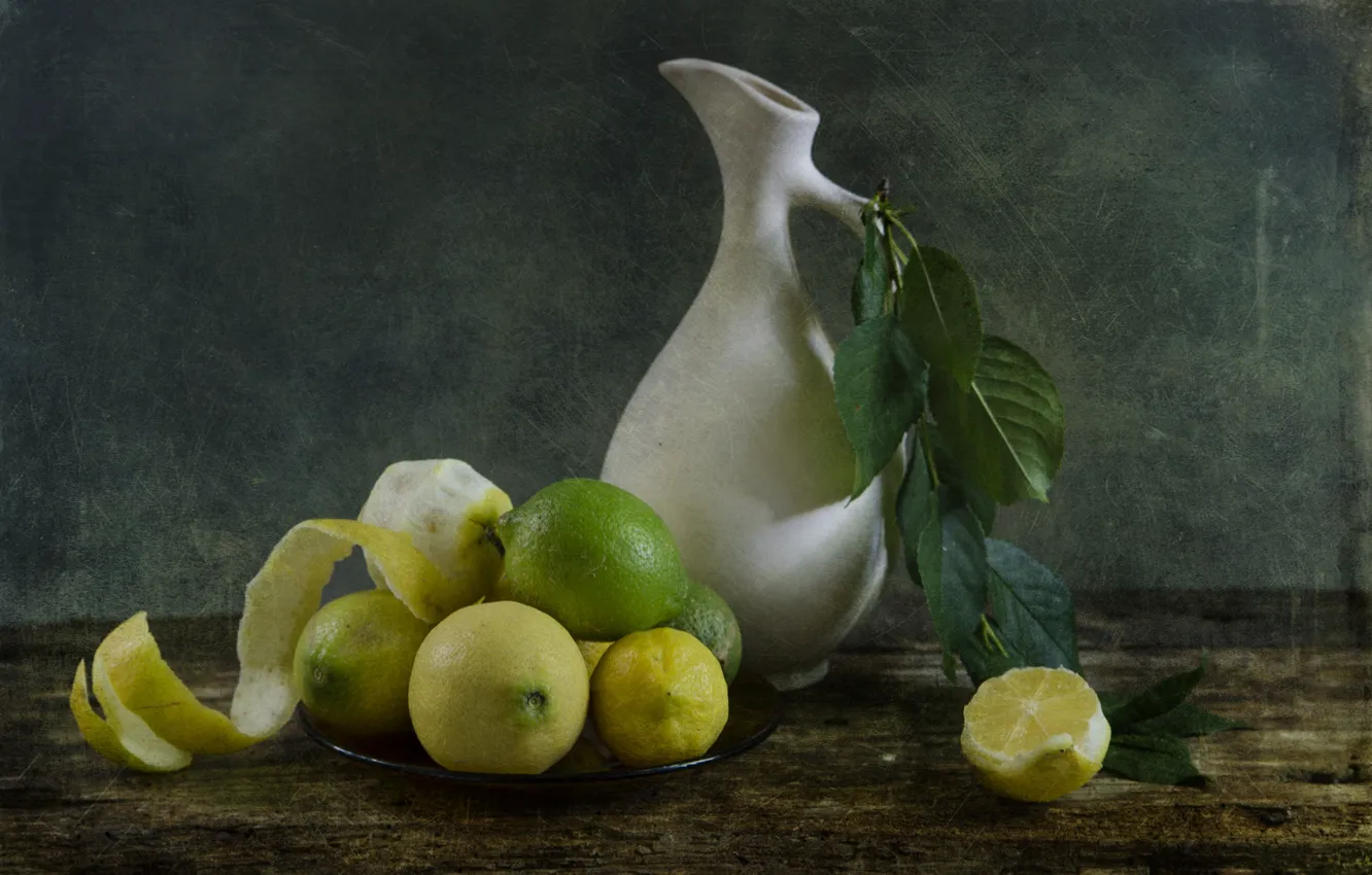 Photo wallpaper branches, lemon, lime, citrus, pitcher