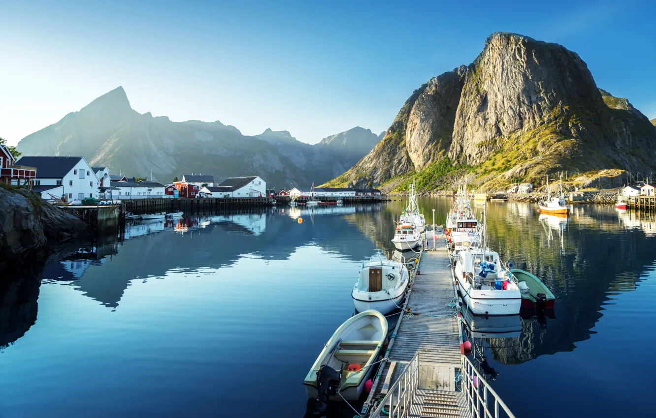 Photo wallpaper Nature, Home, Mountains, Pier, Boat, Norway, The Lofoten Islands