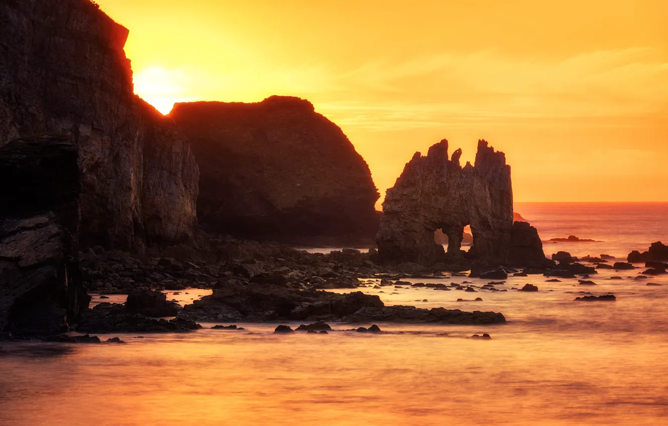Photo wallpaper shore, sea, the sun, rocks, stones, sunset