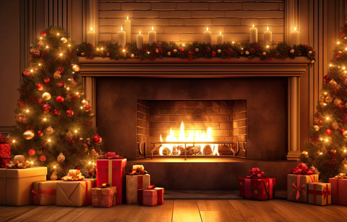 Photo wallpaper lights, comfort, heat, room, flame, new year, home, interior