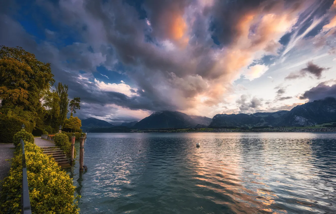Photo wallpaper the sky, clouds, trees, mountains, lake, the evening, Switzerland, ladder