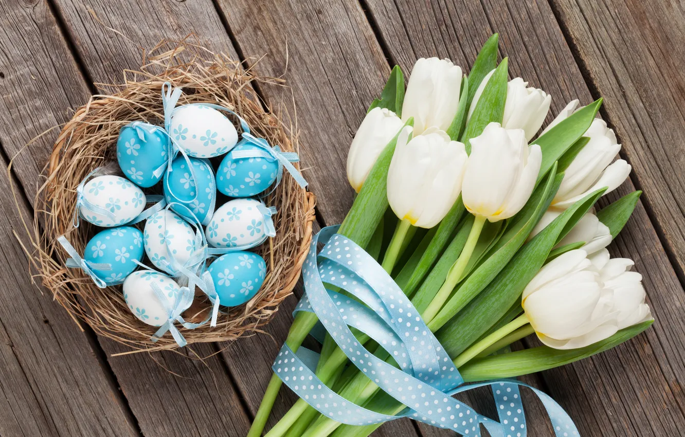 Photo wallpaper flowers, eggs, spring, Easter, white, happy, wood, blue