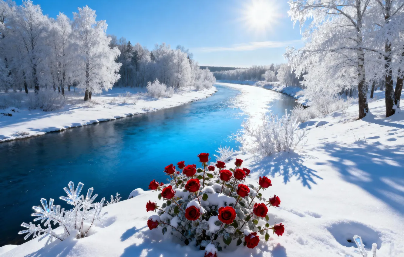 Photo wallpaper winter, snow, landscape, river, roses, frost