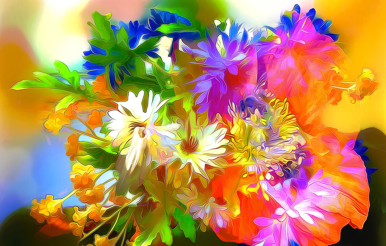 Photo wallpaper line, flowers, abstraction, paint, petals