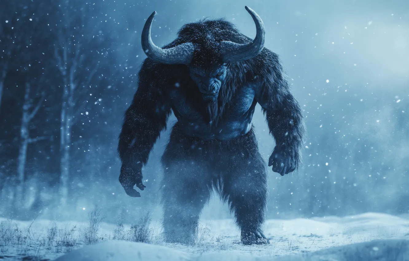 Photo wallpaper winter, look, snow, trees, horns, monster, the Minotaur, digital art