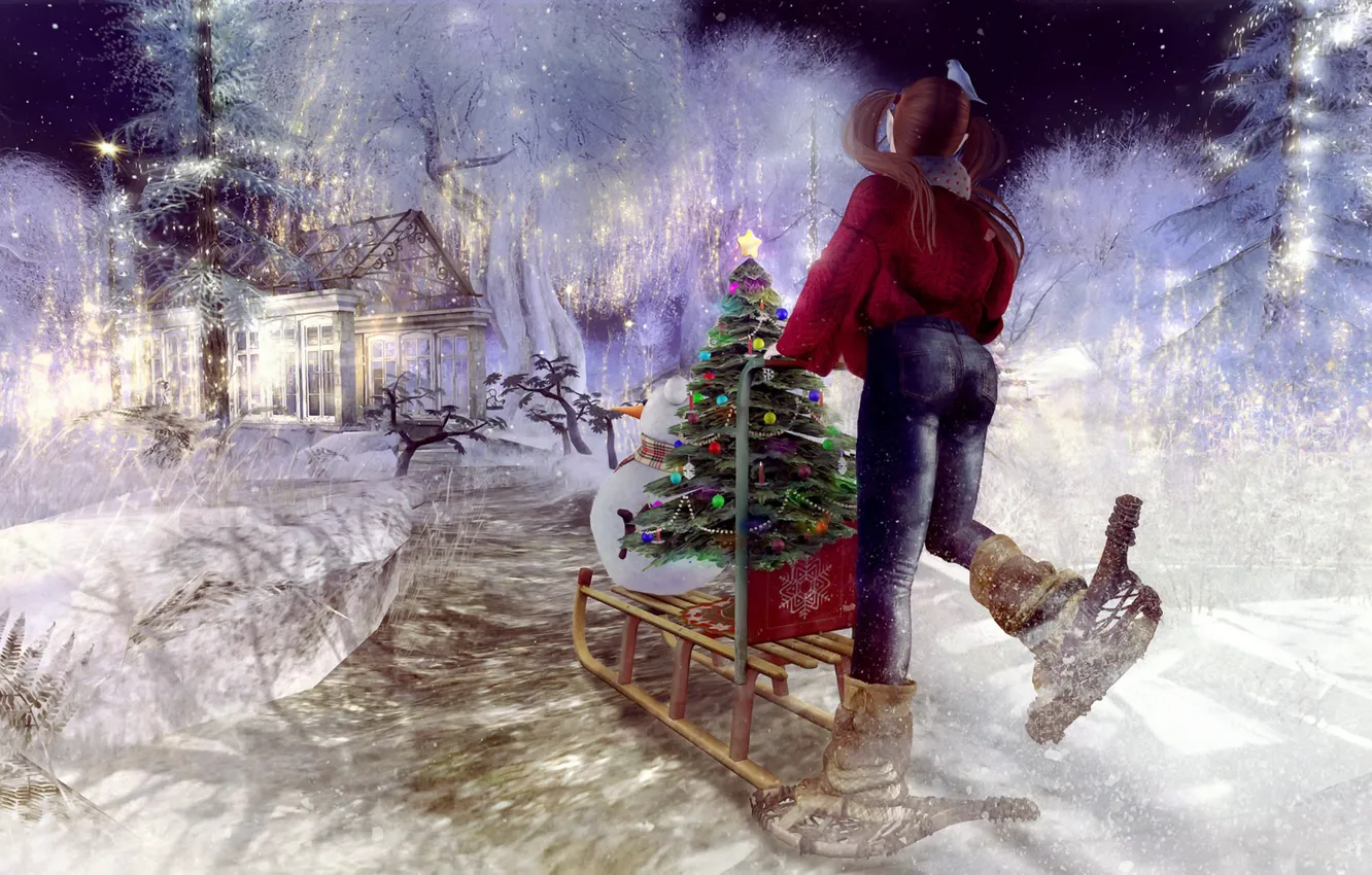 Photo wallpaper girl, snowman, tree, sled