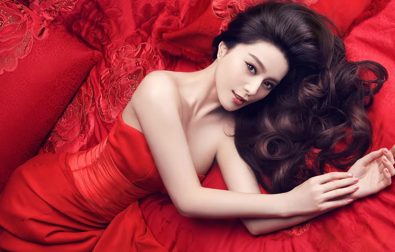 Photo wallpaper look, pose, actress, Chinese, Asian, red dress, beautiful girl, charm