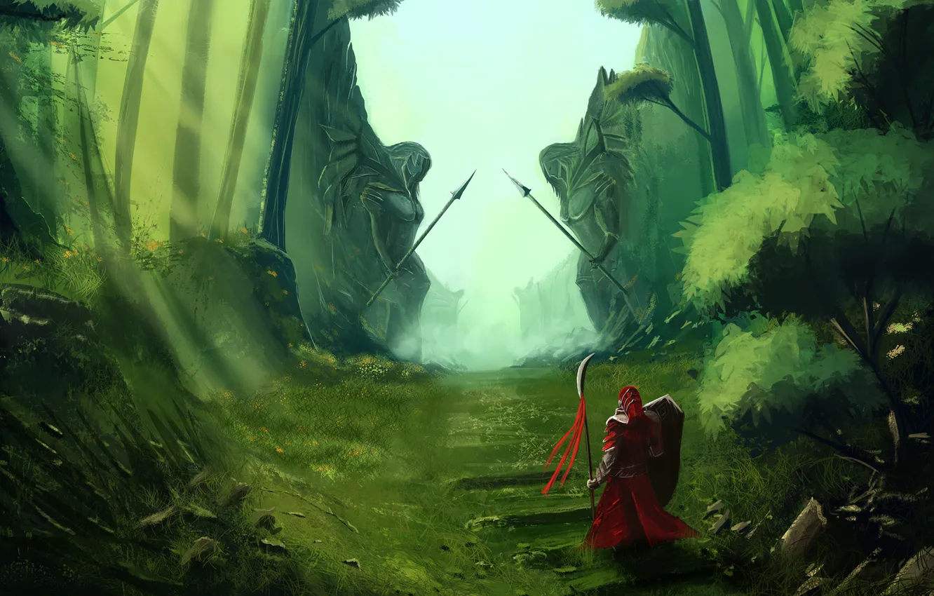 Photo wallpaper road, grass, green, weapons, fiction, warrior, art, pass