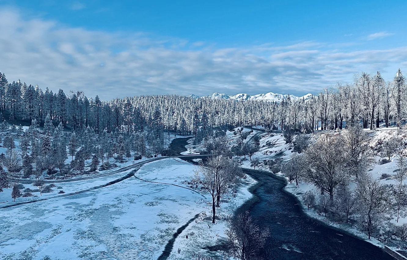Photo wallpaper HDR, game, river, sky, trees, wood, winter, clouds
