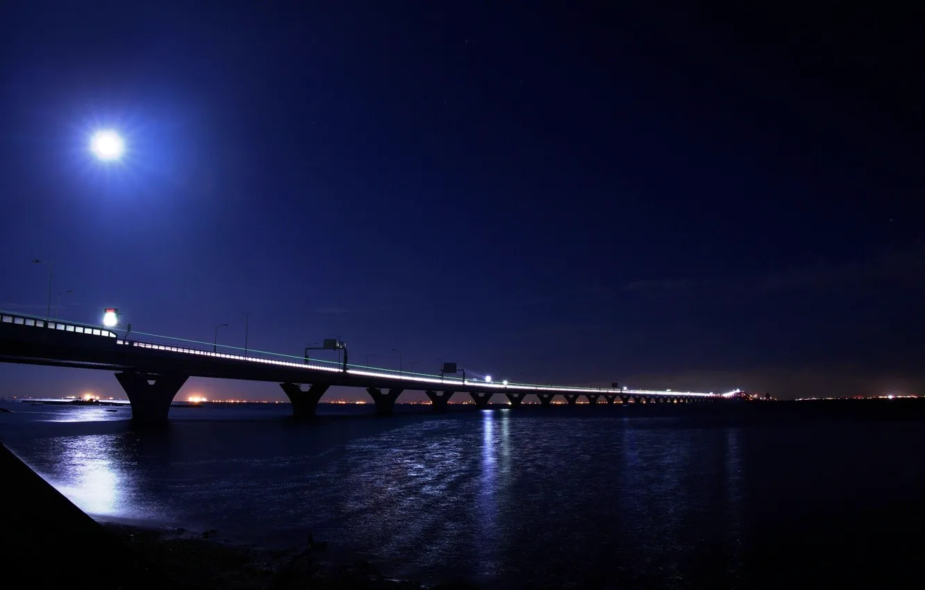 Photo wallpaper light, night, bridge, the city, lights, the moon, light, moon