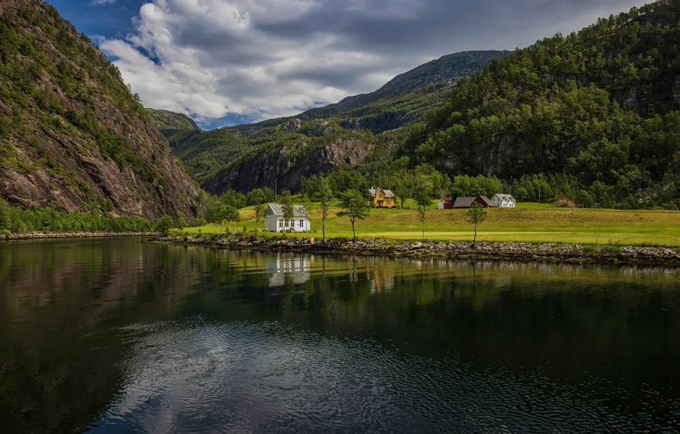 Photo wallpaper mountains, river, Norway, village