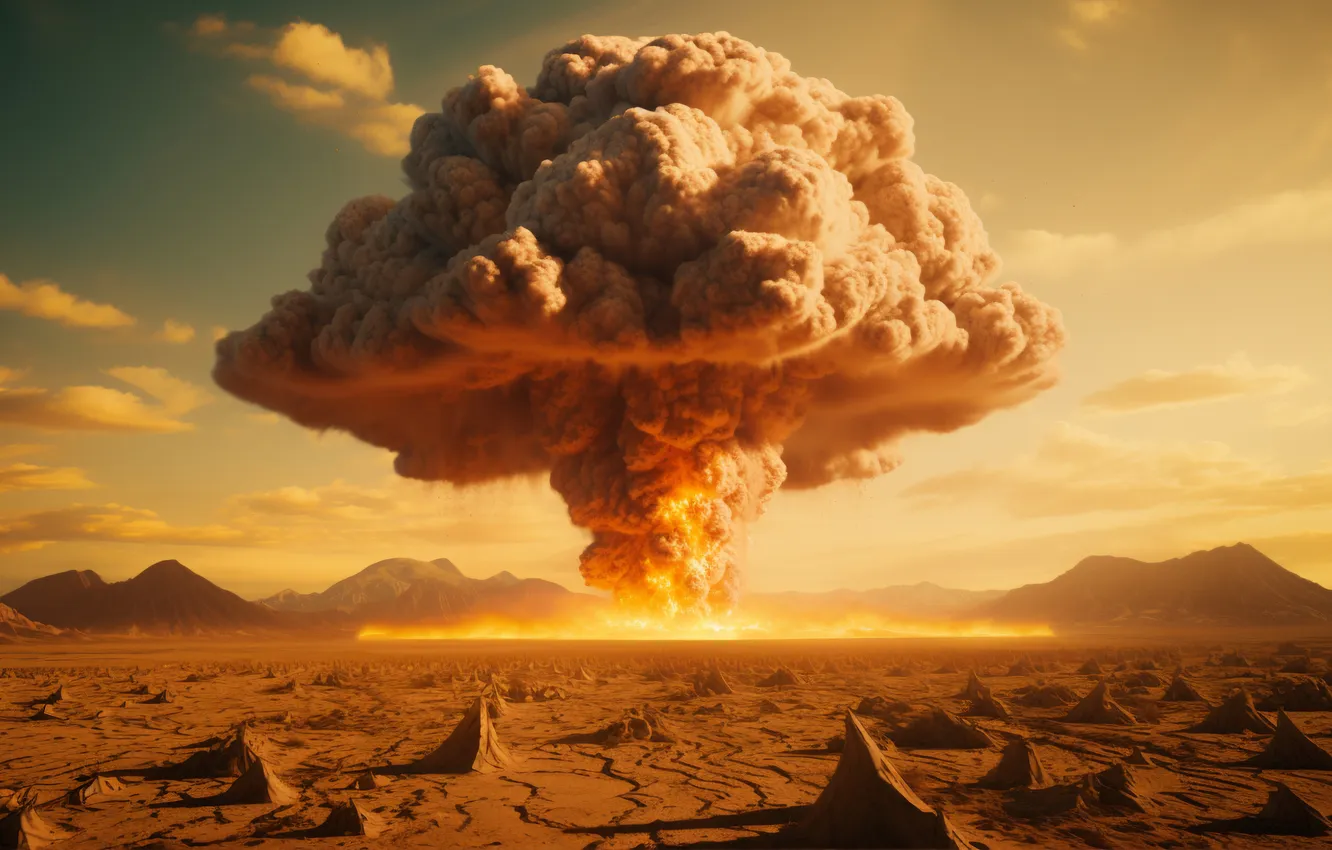 Photo wallpaper the explosion, desert, mushrooms, a nuclear explosion, digital art, nuclear weapons, AI art, The Art …