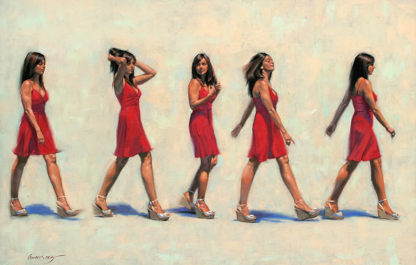 Photo wallpaper girl, red, picture, dress, brunette, art, gait, Gavin Glakas