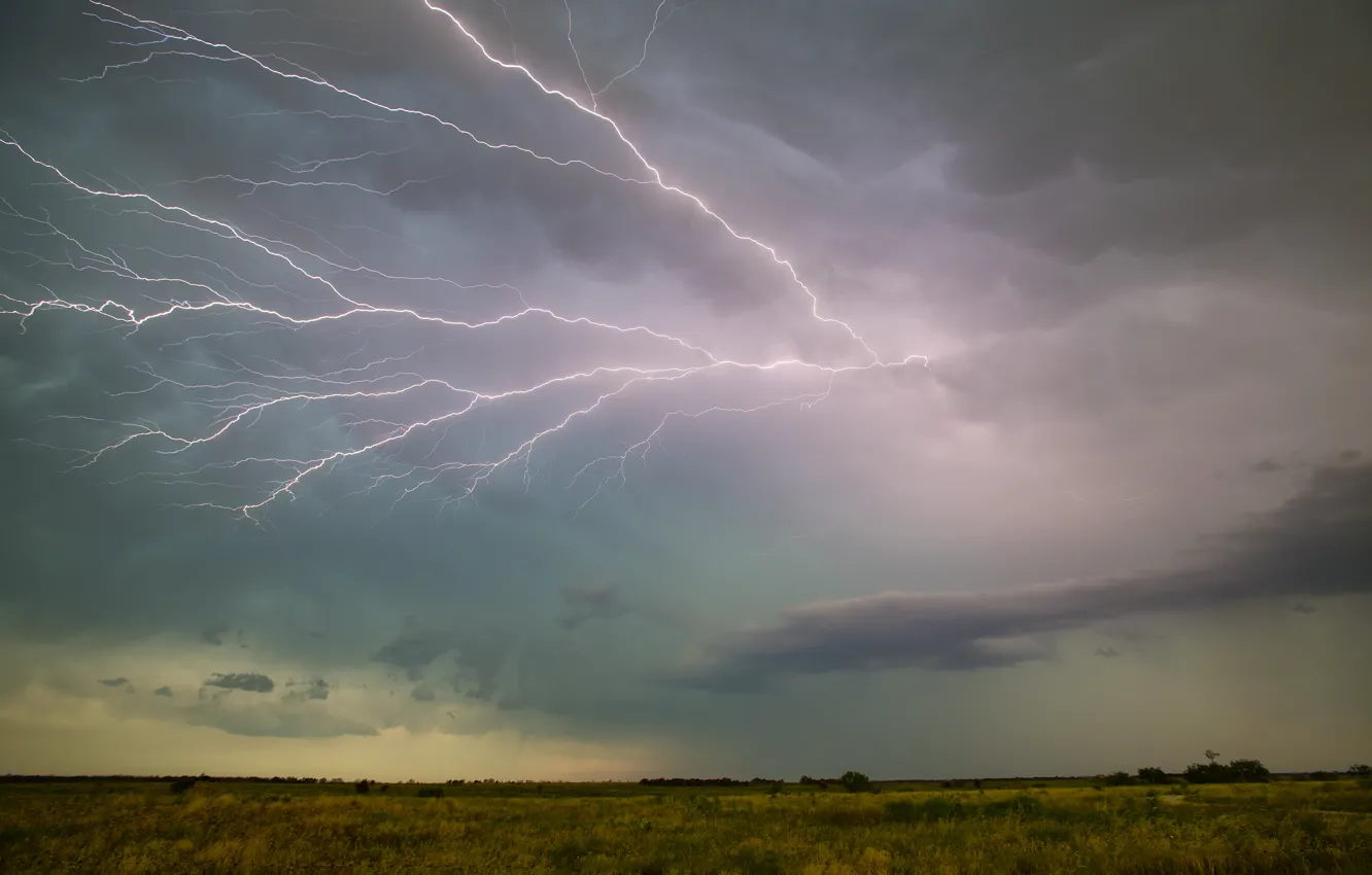 Photo wallpaper field, clouds, storm, lighting, horizon, storm, field, clouds