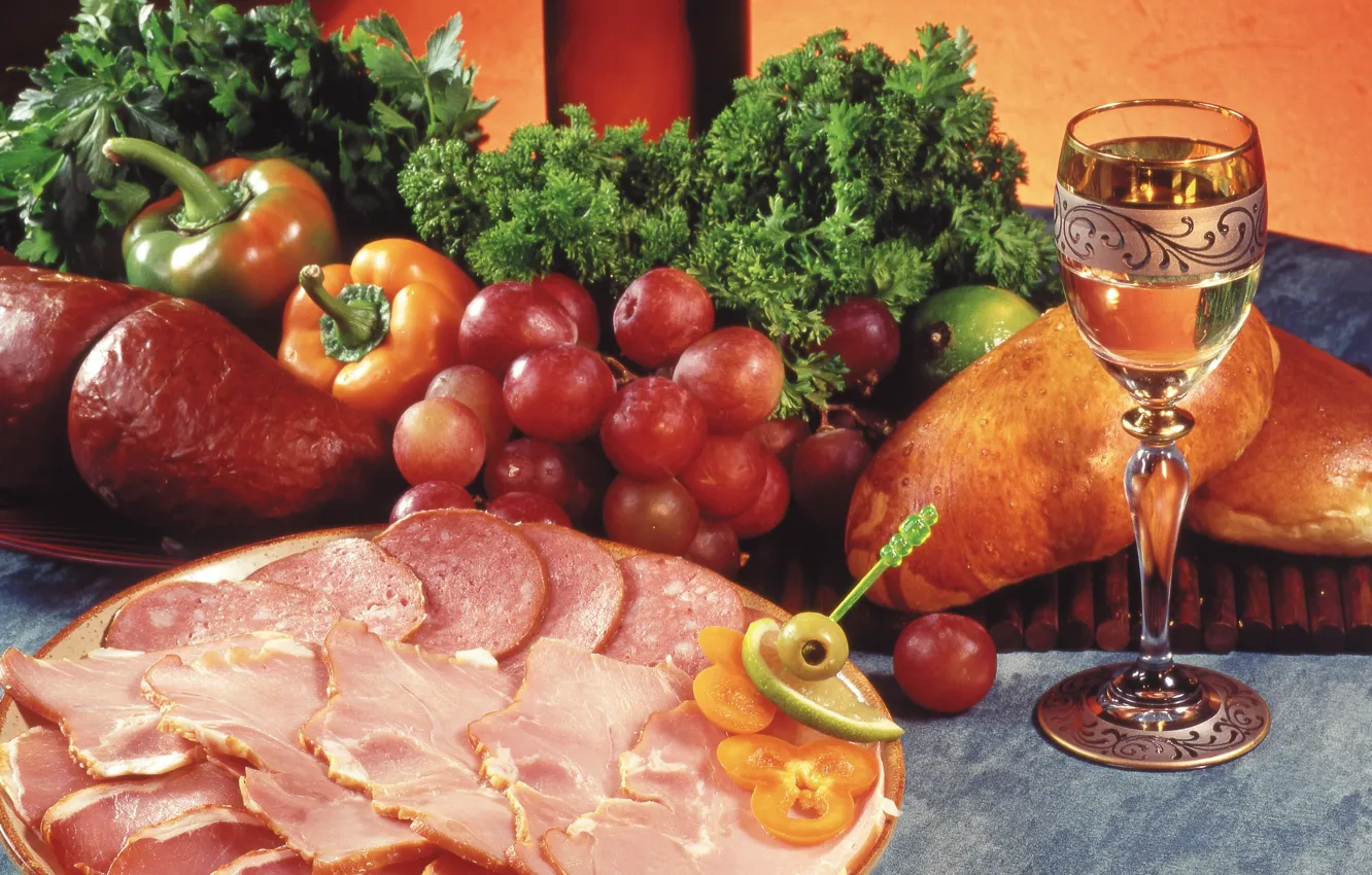 Photo wallpaper dill, grapes, meat, glass, vegetables, parsley, sausage, glass