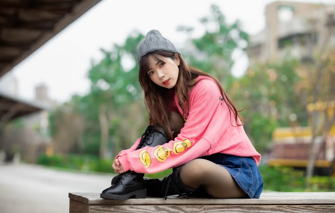 Photo wallpaper look, pose, model, hat, skirt, portrait, boots, makeup