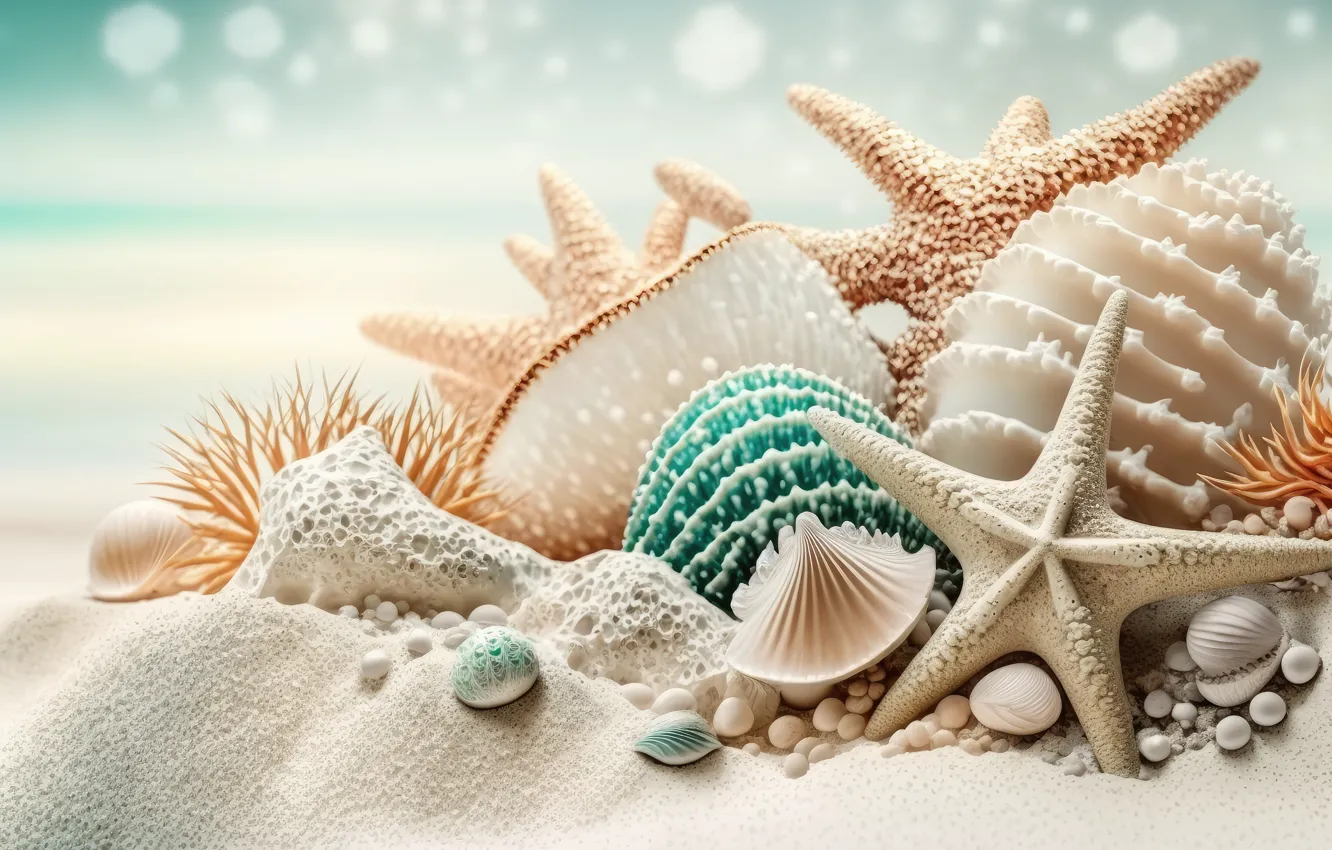 Photo wallpaper sea, beach, the ocean, shore, shell, starfish, seashells, seashell