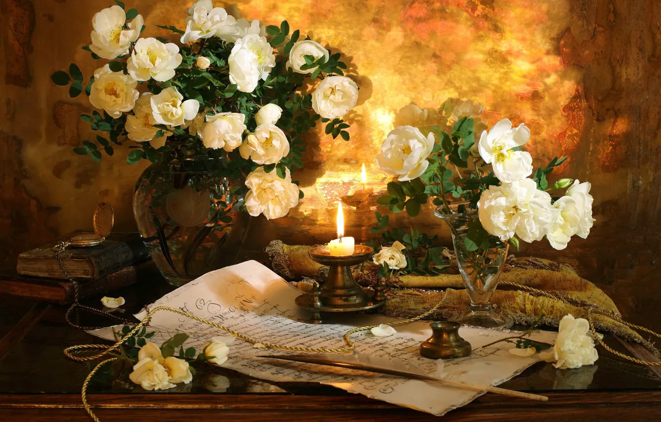 Photo wallpaper roses, candles, feathers, still life, the manuscript, ink