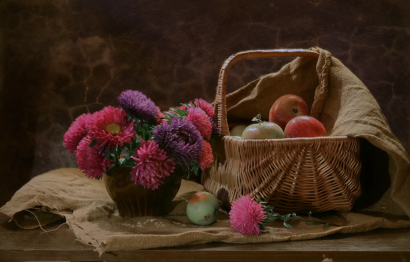 Photo wallpaper flowers, basket, apples, fabric, fruit, still life, burlap, asters