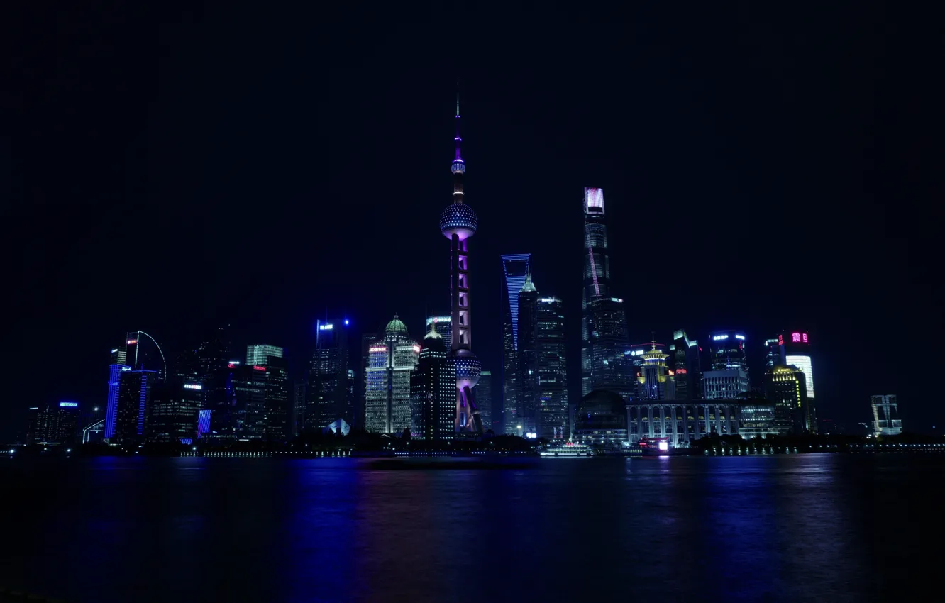 Photo wallpaper China, world, Shanghai, night, city lights, reflection, cityscape