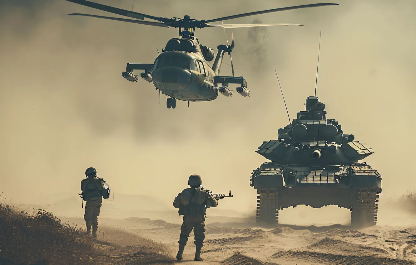 Photo wallpaper retro, smoke, dust, soldiers, tank, black and white, helicopter, digital art