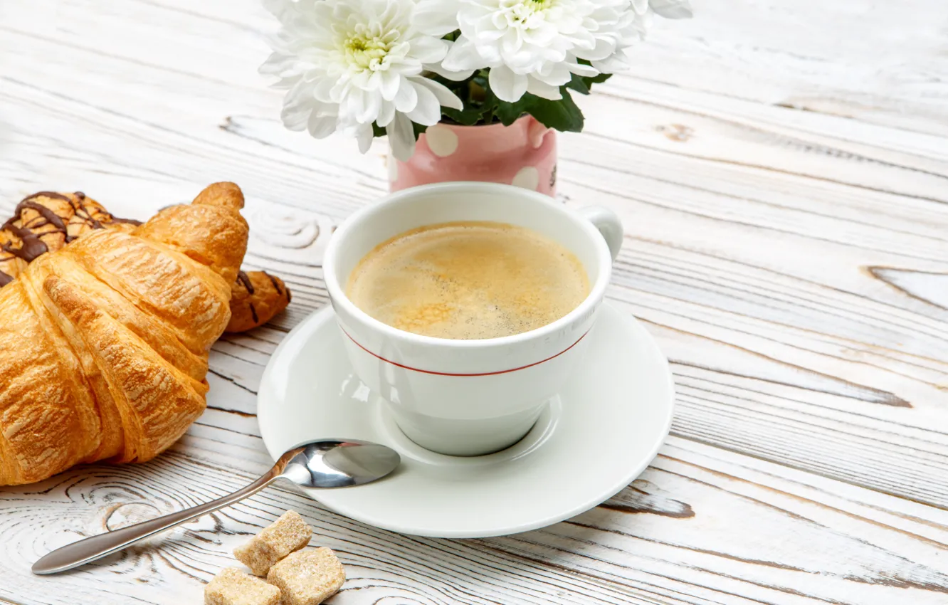 Photo wallpaper flowers, coffee, Breakfast, spoon, Cup, drink, saucer, bokeh