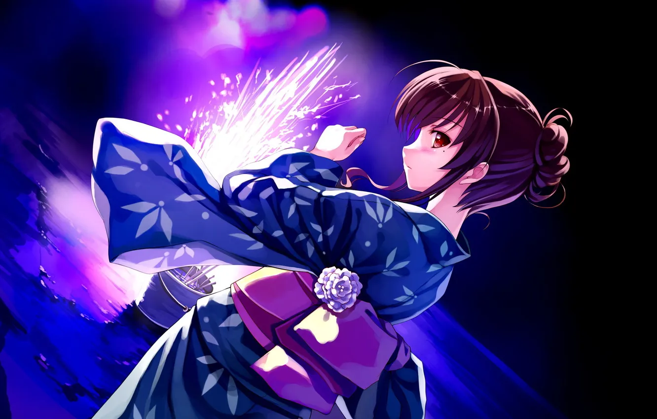 Photo wallpaper girl, art, fireworks, kimono, yukata, misaki kurehito, deep blue sky &amp; pure white wings, Yukata