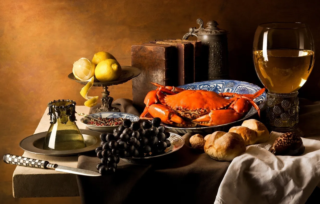 Photo wallpaper wine, lemon, glass, crab, food, art, bread, grapes