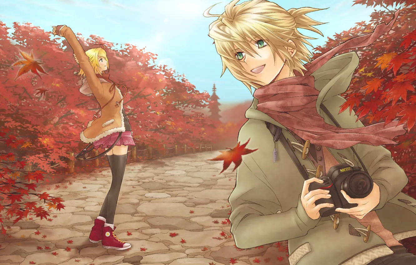 Photo wallpaper autumn, leaves, girl, the wind, scarf, art, the camera, guy
