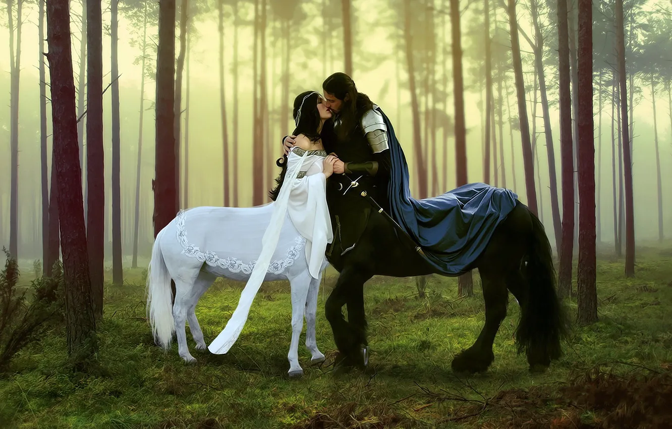 Photo wallpaper FOREST, GREENS, WOMAN, MALE, KISS, CREATURES, The CENTAURS