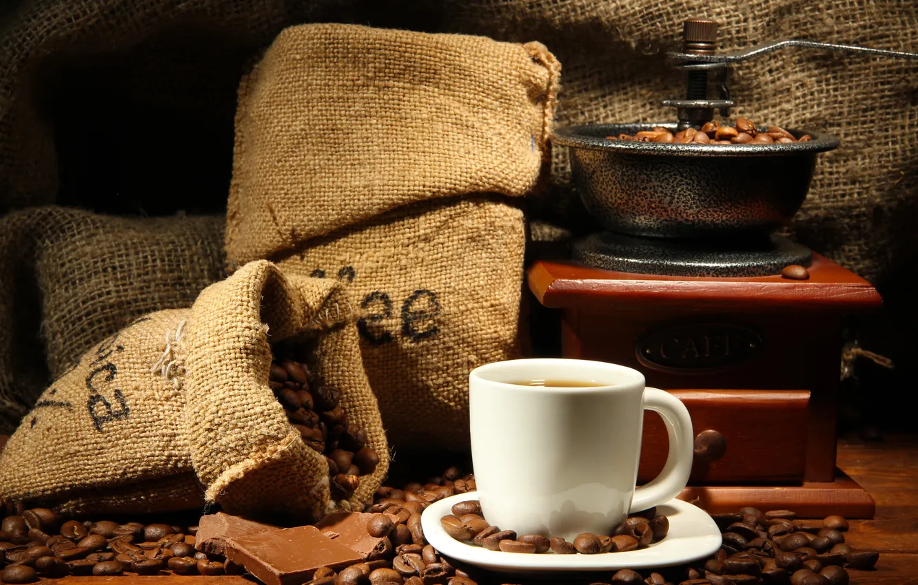 Photo wallpaper coffee, chocolate, Cup, drink, saucer, grain, coffee grinder, melocchi