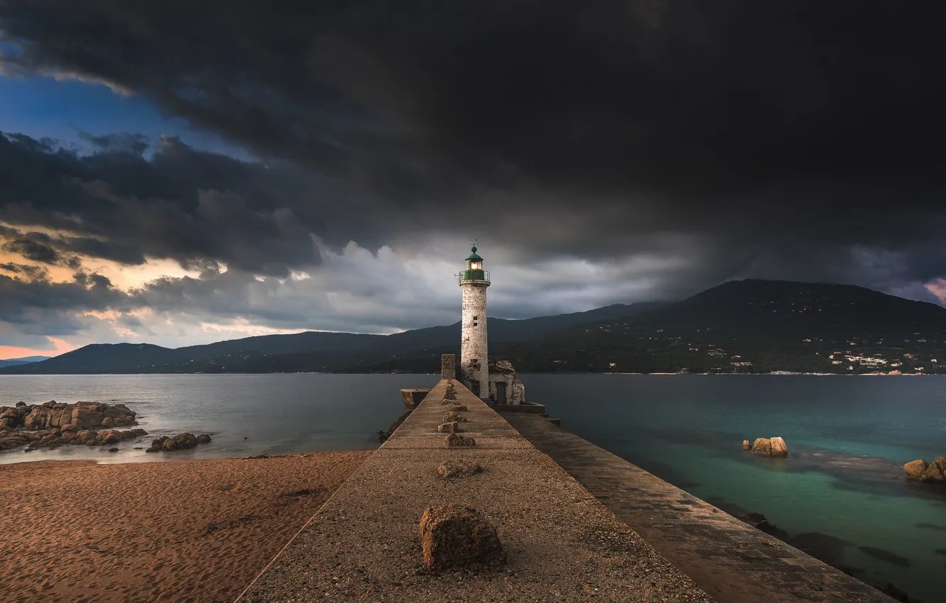 Photo wallpaper the sky, clouds, hills, lighthouse, village, Bay, twilight