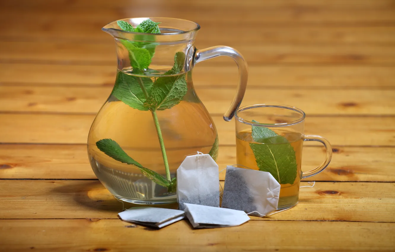 Photo wallpaper glass, table, tea, leaf, drink, pitcher