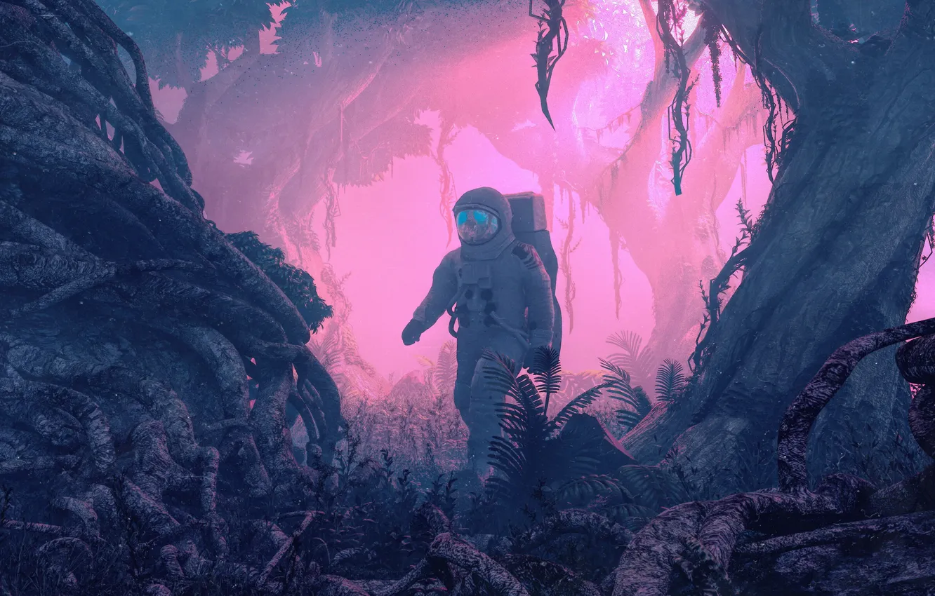Photo wallpaper Trees, The suit, People, Forest, Planet, Astronaut, Astronaut, Art