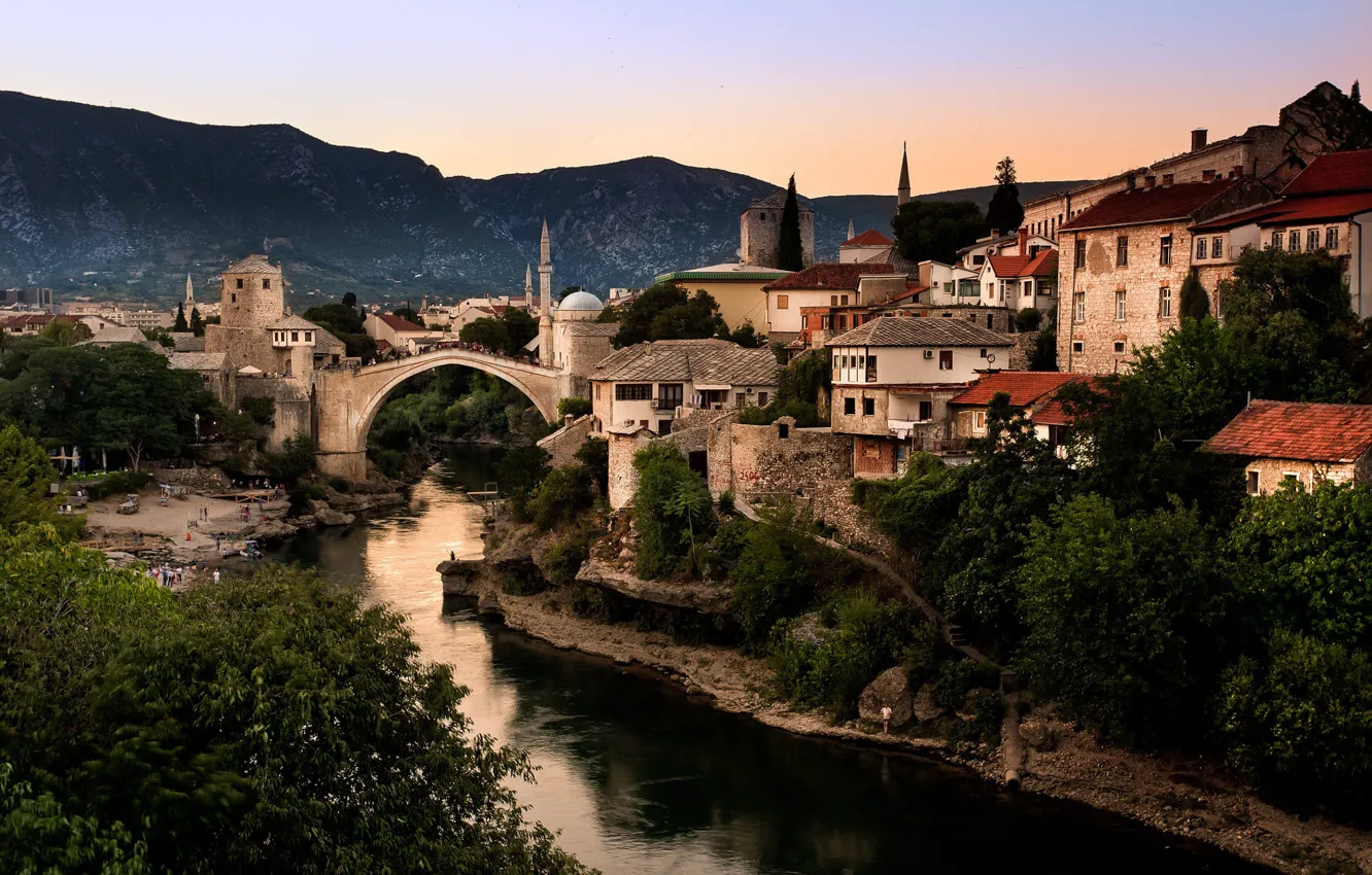 Photo wallpaper landscape, mountains, bridge, the city, river, home, mosque, Bosnia and Herzegovina
